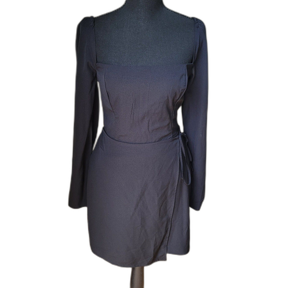 Vintage Wrap Mini Dress Abercrombie & Fitch Square Neck Long Sleeve Y2K Black S